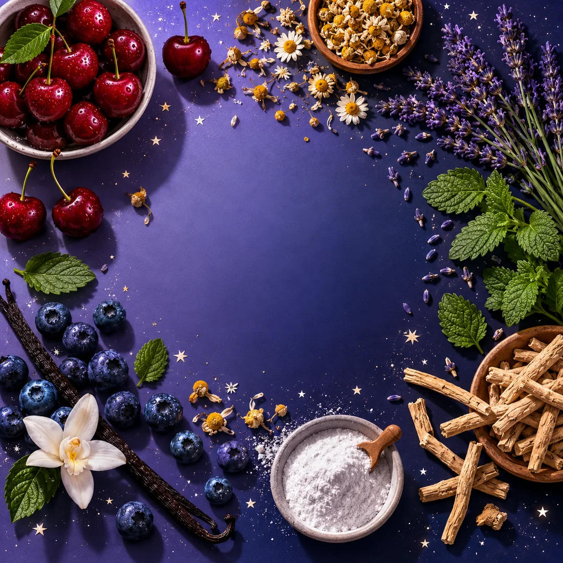 Tart cherries, lavender, chamomile, blueberries and ashwagandha root