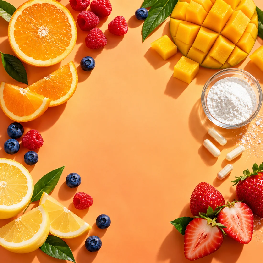 Oranges, berries, mango and a dish of creatine powder